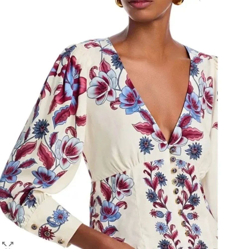 New Farm Rio Floral V-Neck Button Front Puff Sleeve Malu Blouse Top Size Small - Picture 3 of 8